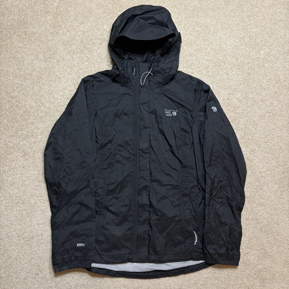 Mountain Hardwear Jacket Womens Large Black DRY Q Rain Shell Hooded Outdoor Gorp
